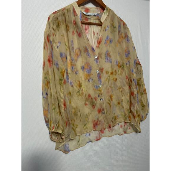 Zara Woman's Small Sheer Floral Blouse Yellow Multicolor Button Front Boho Top - Picture 4 of 8